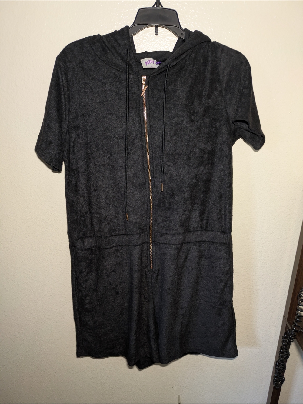 YITTY Black Hooded Romper with Purple Accent